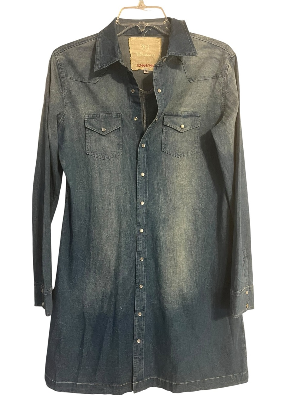 Johnny Was 3J Workshop Denim Chambray Shirt Dress Western Snap Blue Small